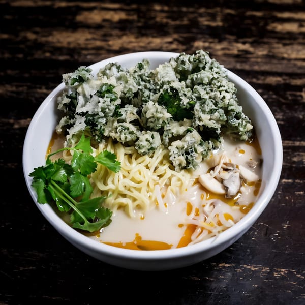 Oki Shōten ramen bowl with noodles, broth, crispy kale, mushrooms, and fresh cilantro.