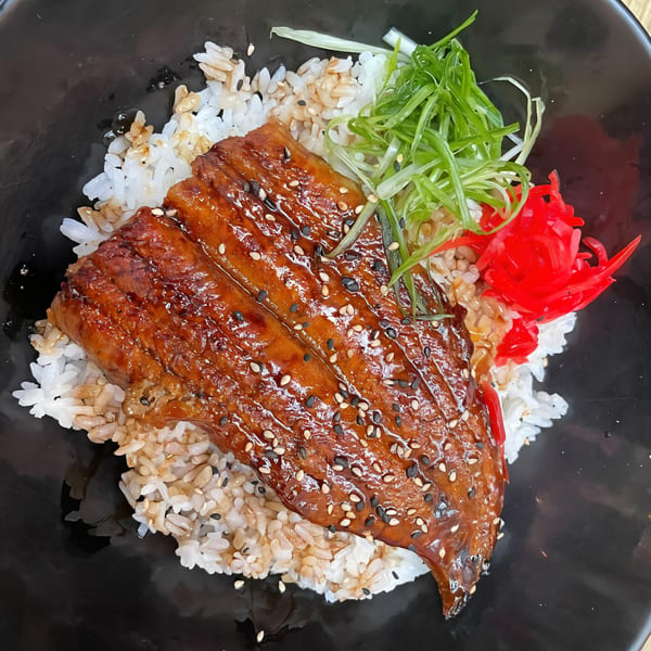 Oki Shōten's Unagi Donburi features grilled eel over rice, garnished with green onions and red pickled ginger.