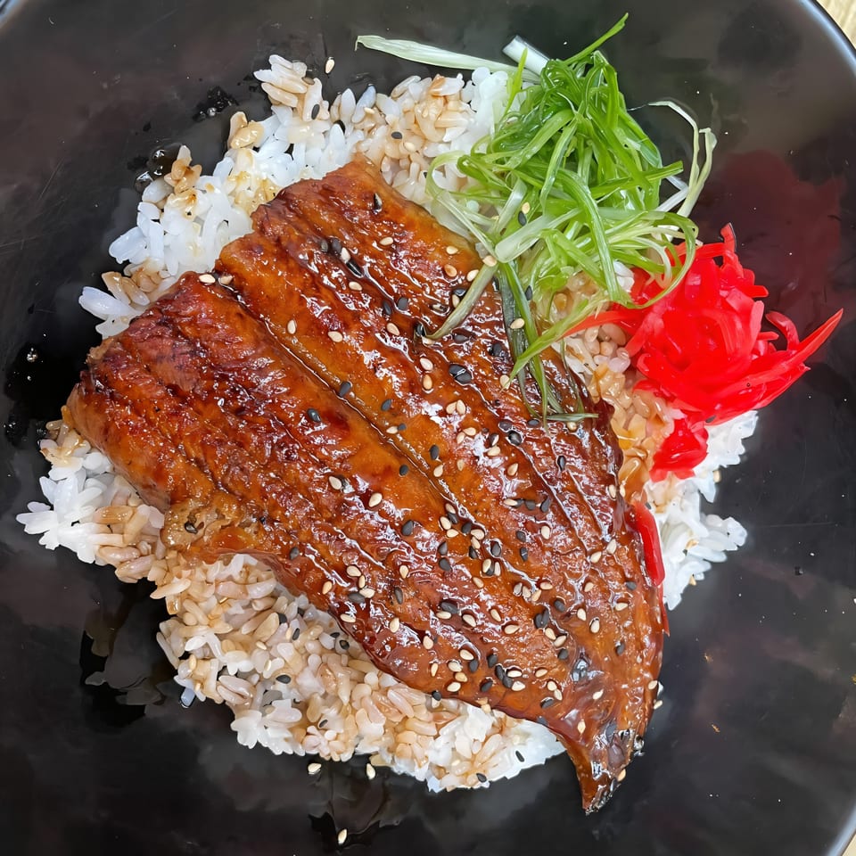 Oki Shōten's Unagi Donburi features grilled eel over rice, garnished with green onions and red pickled ginger.