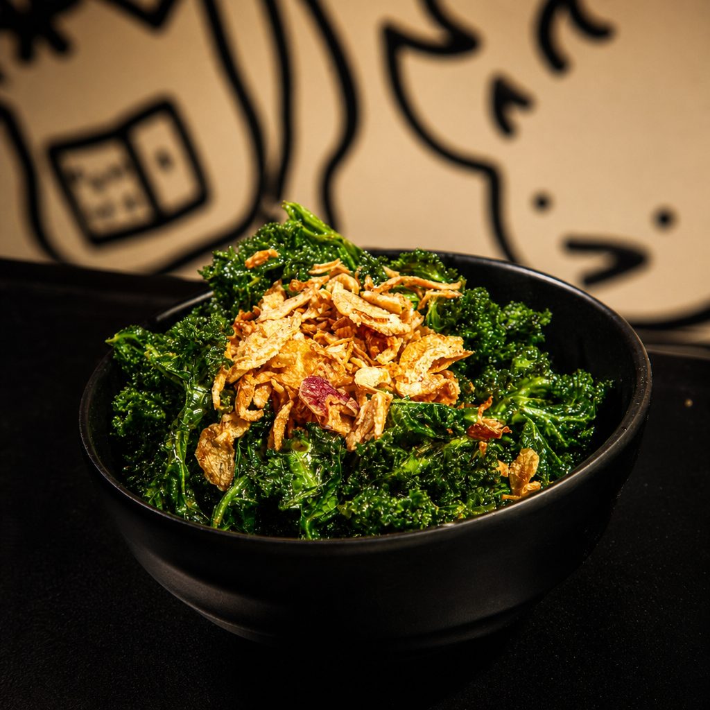 Fried Kale With Crispy Onion.